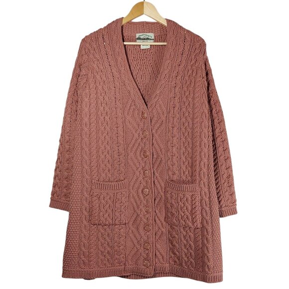 Aran Crafts Sweaters - Aran Crafts 100% Merino Wool Cable Knit Long Cardigan Coat Rose/Mauve Cozy XL